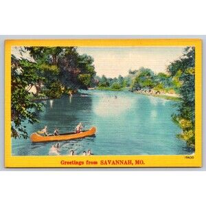 Postcard Missouri Savannah Greetings Landscape Lake Canoe Swimming Linen c1940s